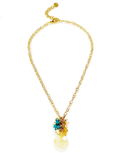 Gold Rutilated Quartz, Apatite and Freshwater Pearl Cluster Pendant Necklace
