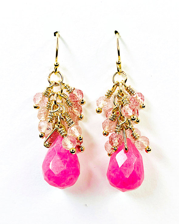 Hot Pink Chalcedony and Strawberry Quartz Cluster Dangle Earrings
