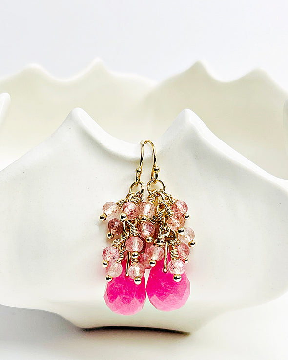 Hot Pink Chalcedony and Strawberry Quartz Cluster Dangle Earrings