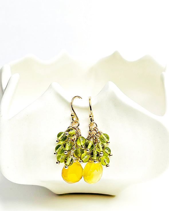 Lemon Quartz and Peridot Cluster Dangle Earrings