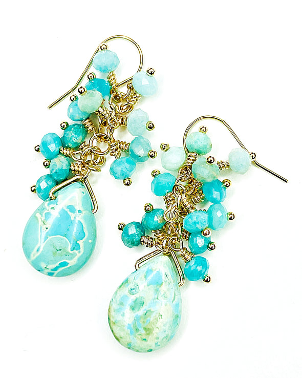 African Turquoise and Amazonite Cluster Dangle Earrings