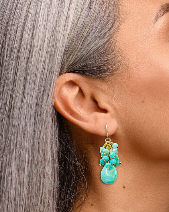African Turquoise and Amazonite Cluster Dangle Earrings