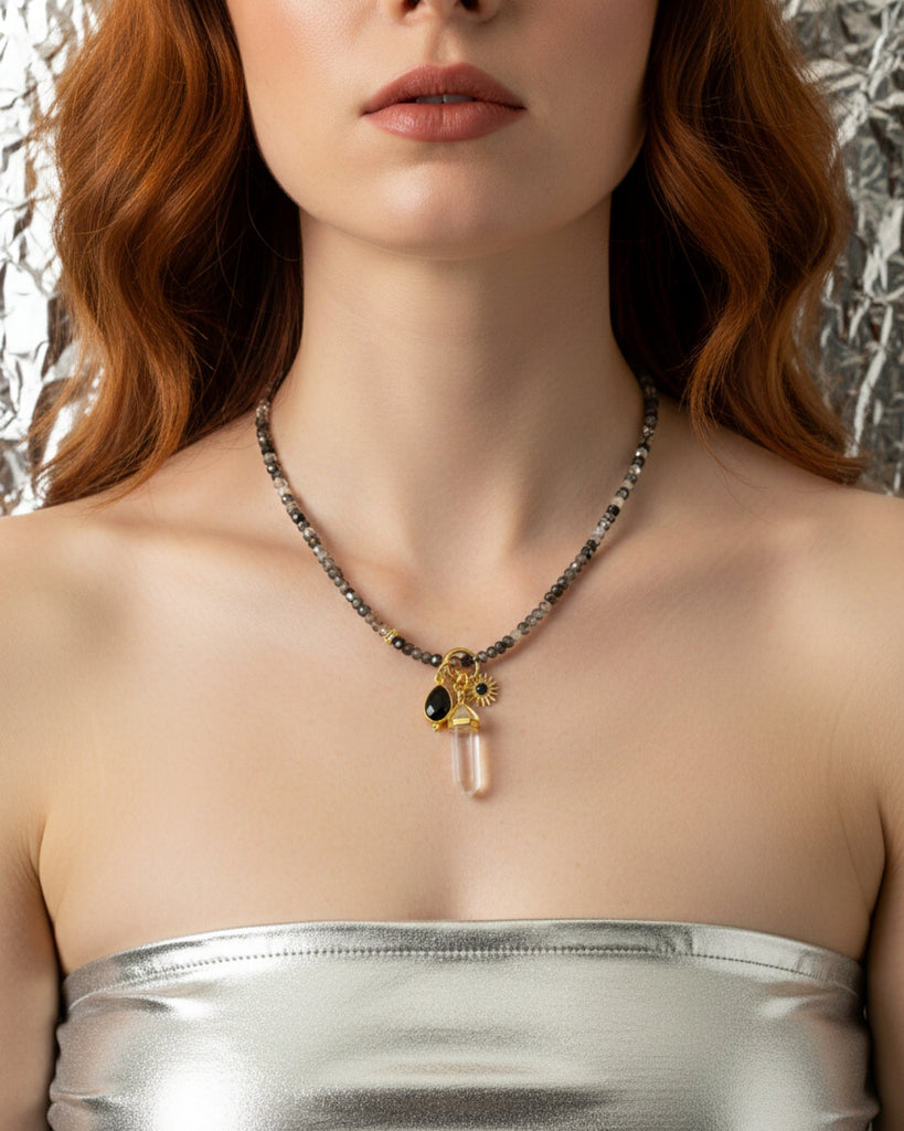Beaded Necklace in Black Rutilated Quartz