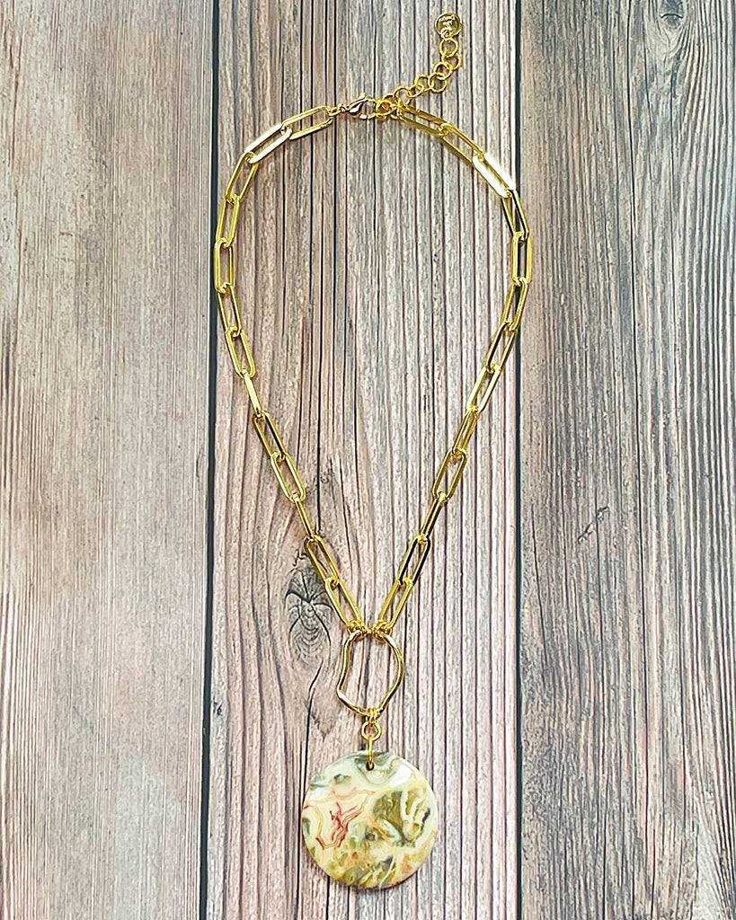 Archive Crazy Lace Agate Circle Stone Pendant Necklace