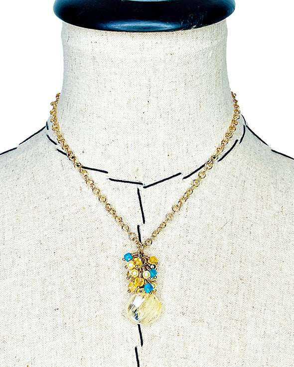 Gold Rutilated Quartz, Apatite and Freshwater Pearl Cluster Pendant Necklace