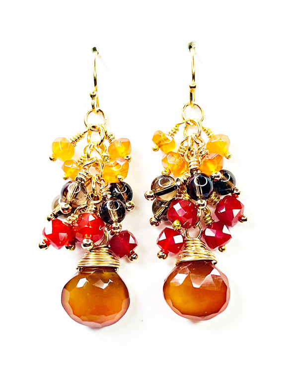 Honey Chalcedony, Carnelian and Smoky Quartz Cluster Dangle Earrings