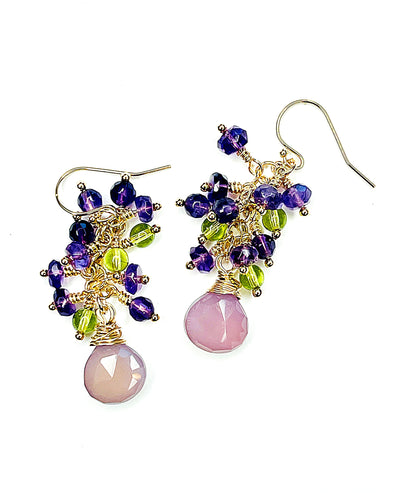 Lavender Chalcedony, Amethyst and Peridot Cluster Dangle Earrings