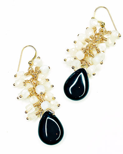 Onyx and Moonstone Cluster Dangle Earrings
