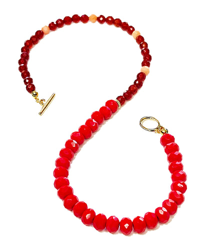 Carnelian, Coral and Czech Fire Polished Glass Necklace