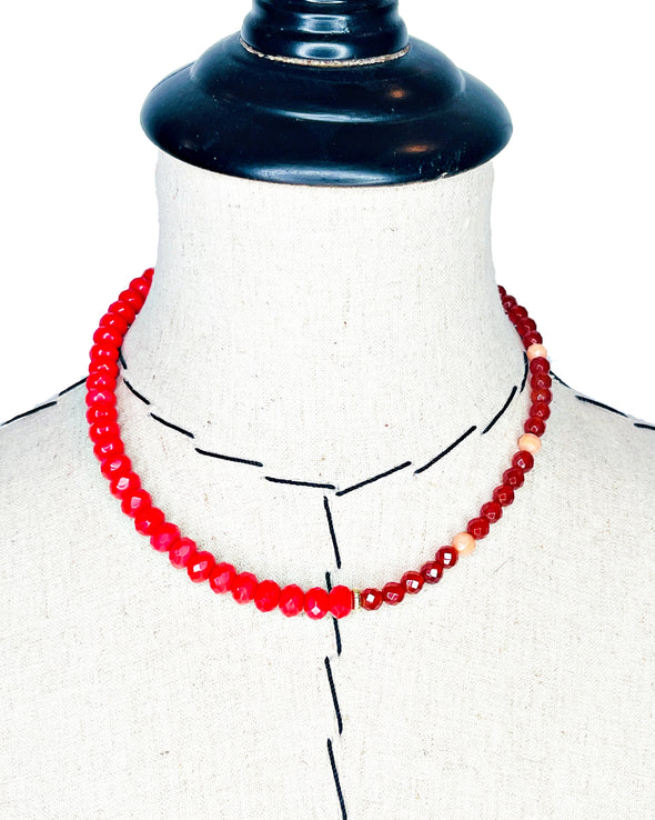 Carnelian, Coral and Czech Fire Polished Glass Necklace