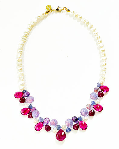 Ruby, Tanzanite, Tourmaline Quartz and Freshwater Pearl Cluster Necklace
