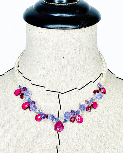 Ruby, Tanzanite, Tourmaline Quartz and Freshwater Pearl Cluster Necklace