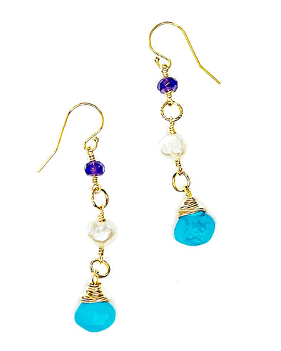 Turquoise, Amethyst and Freshwater Pearl Drop Earrings