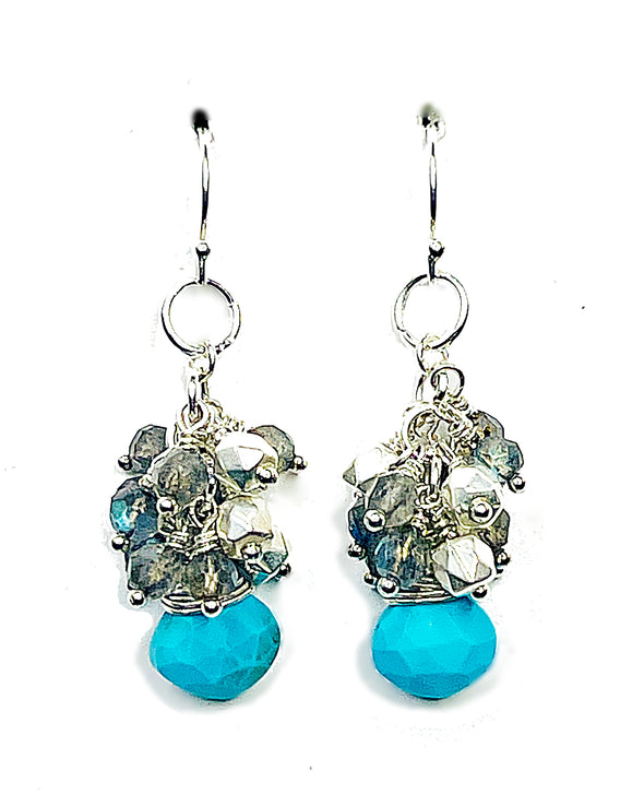 Turquoise and Labradorite Cluster Dangle Earrings