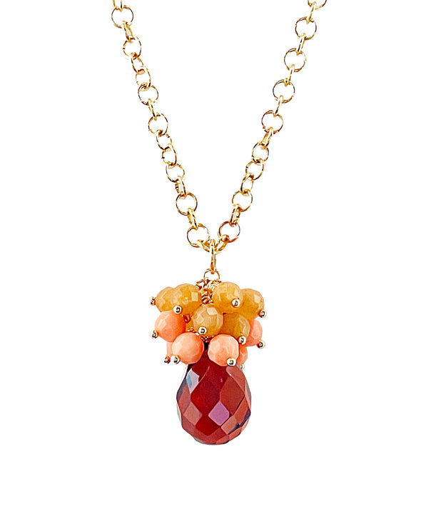 Whiskey Quartz, Coral and Aventurine Cluster Necklace