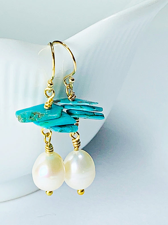 Beach House Earrings in Turquoise and Baroque Pearls