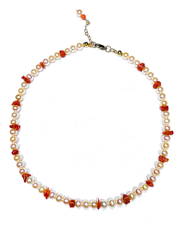 Beach House Choker Necklace in Coral and Freshwater Pearls
