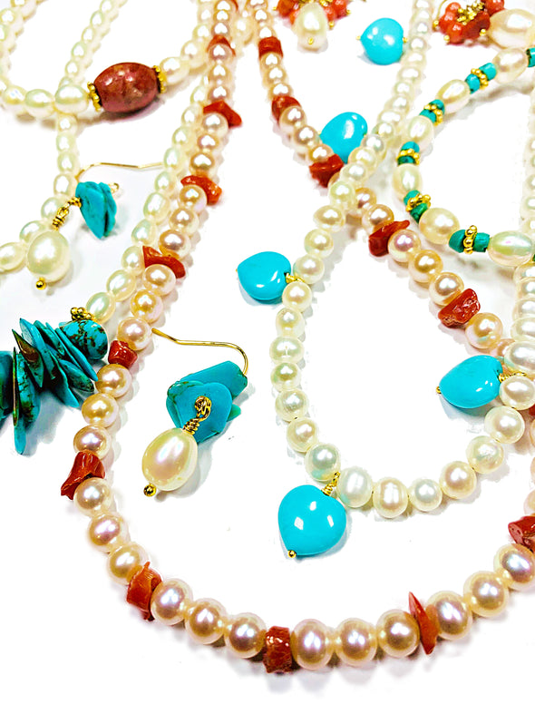 Beach House Earrings in Turquoise and Baroque Pearls