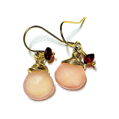 Color Drop Earrings in Pale Pink Chalcedony and Garnet - JulRe Designs LLC