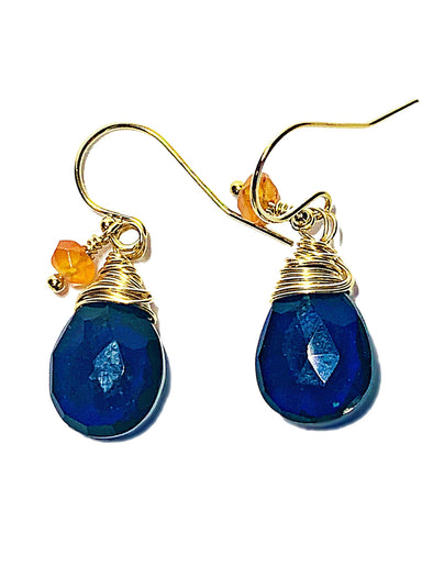 Color Drop Earrings in Navy Blue Quartz and Carnelian - JulRe Designs LLC