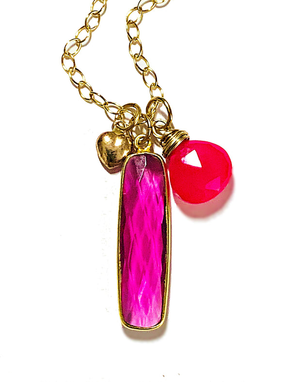 Color Drop Charm Necklace in Pink Quartz and Chalcedony - JulRe Designs LLC