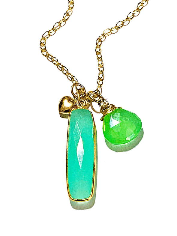 Color Drop Charm Necklace in Aqua Chalcedony and Peridot Quartz - JulRe Designs LLC