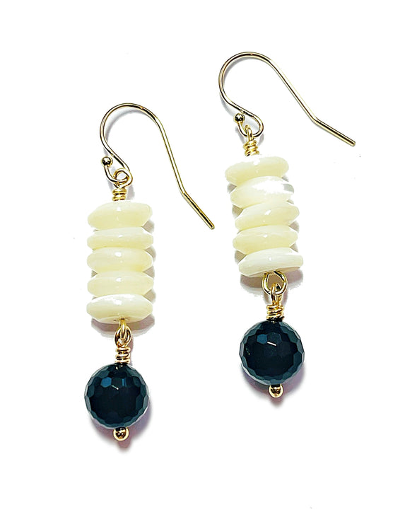 Mother of Pearl Slice and Onyx Drop Earrings